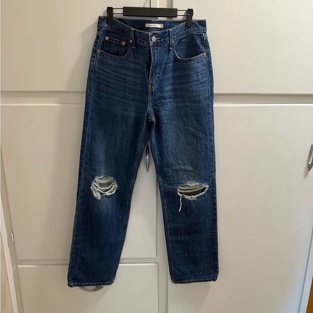 Levi's Dark Blue Distressed Straight Leg Jeans